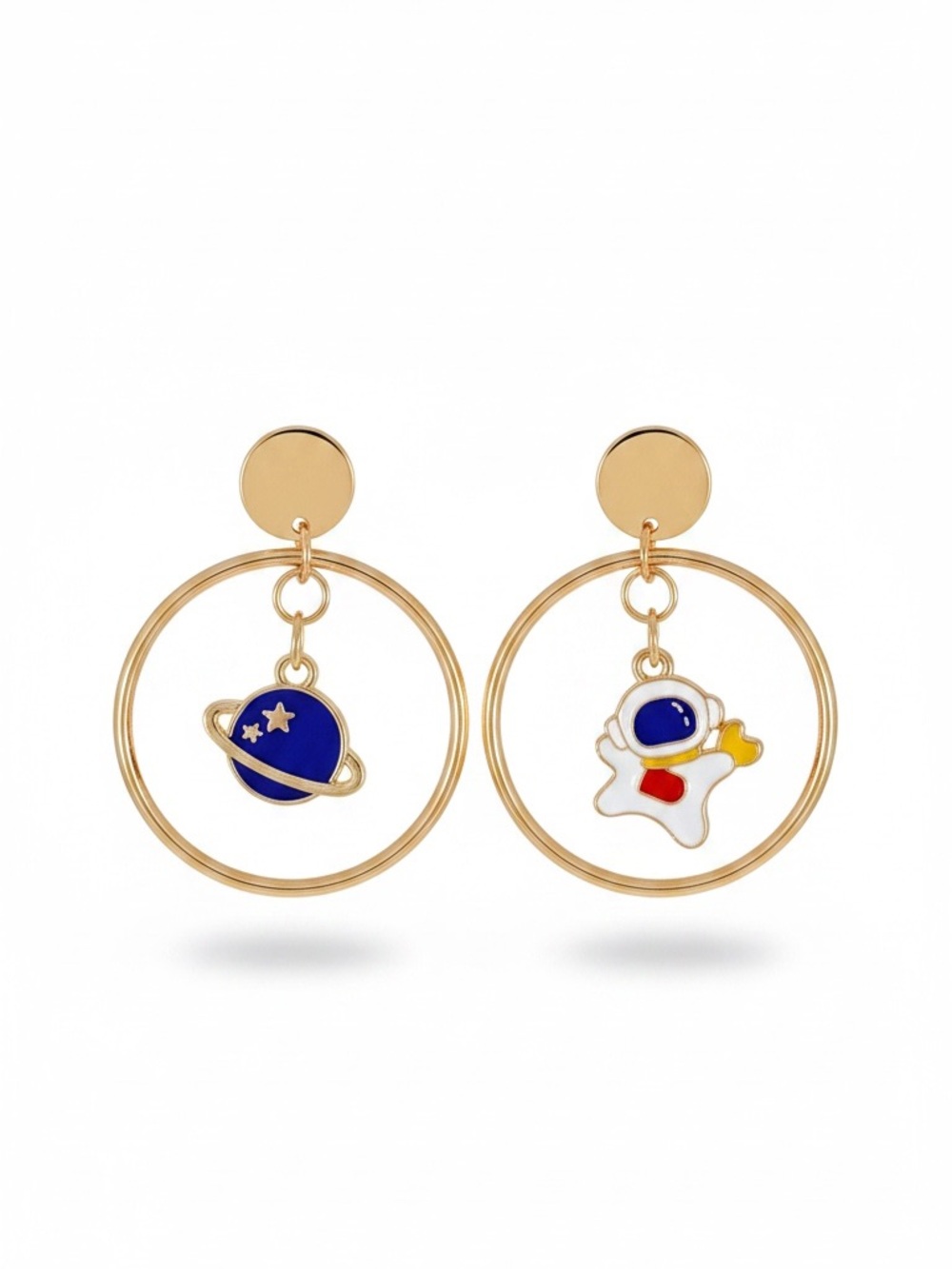 Blue Astronaut Saturn Planet Stars & Gold Post Hoop Charm NASA Earrings Zodiac